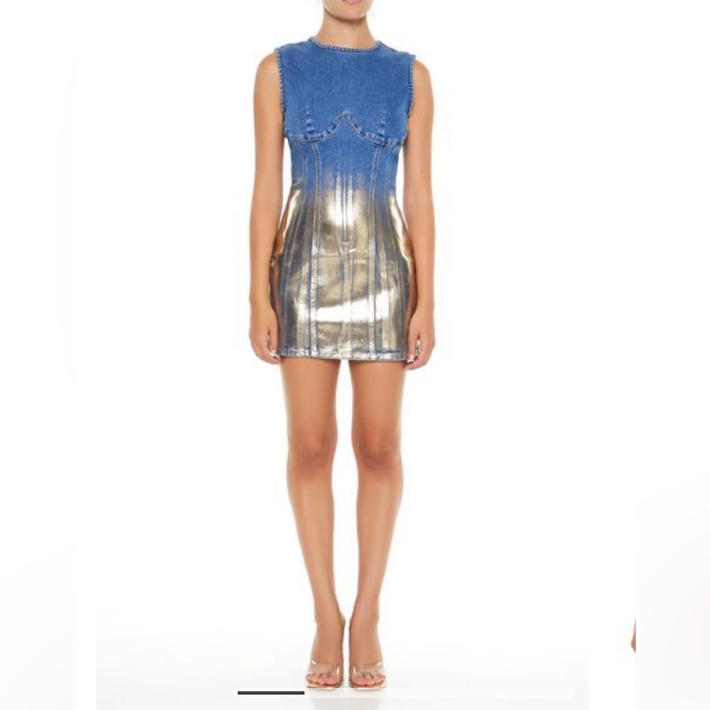 Metallic denim shift mini dress